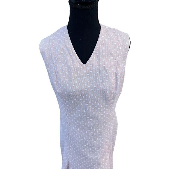 Vintage 60s Mod below Knee Drop Waist Wiggle Dress Beige Sleeveless Large - Picture 2 of 6
